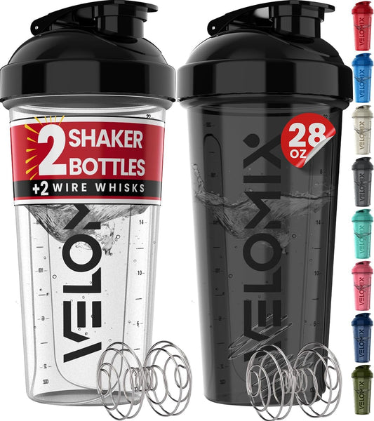 -2 Pack - 28 oz Protein Mix Protein Bottle - 2 Wire Shakers | Leakproof Shaker Cups for Protein Shakes | Protein Shake Bottle Pack | Shaker Cups for Protein Shakes - Black and Clear